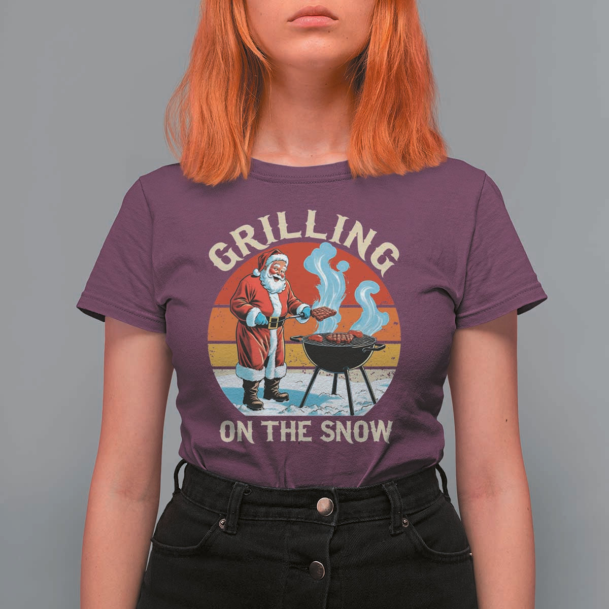 Funny Christmas Grilling Santa T Shirt For Women Grilling On The Snow - Wonder Print Shop