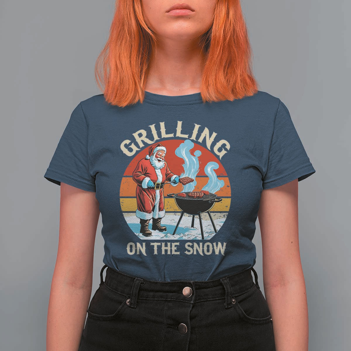 Funny Christmas Grilling Santa T Shirt For Women Grilling On The Snow - Wonder Print Shop