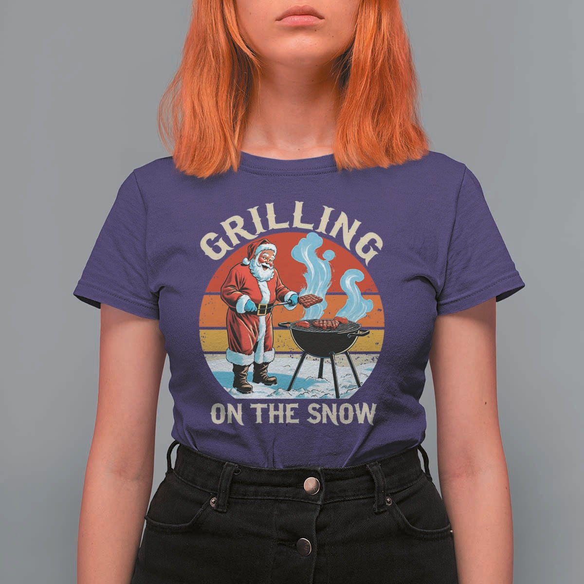 Funny Christmas Grilling Santa T Shirt For Women Grilling On The Snow - Wonder Print Shop