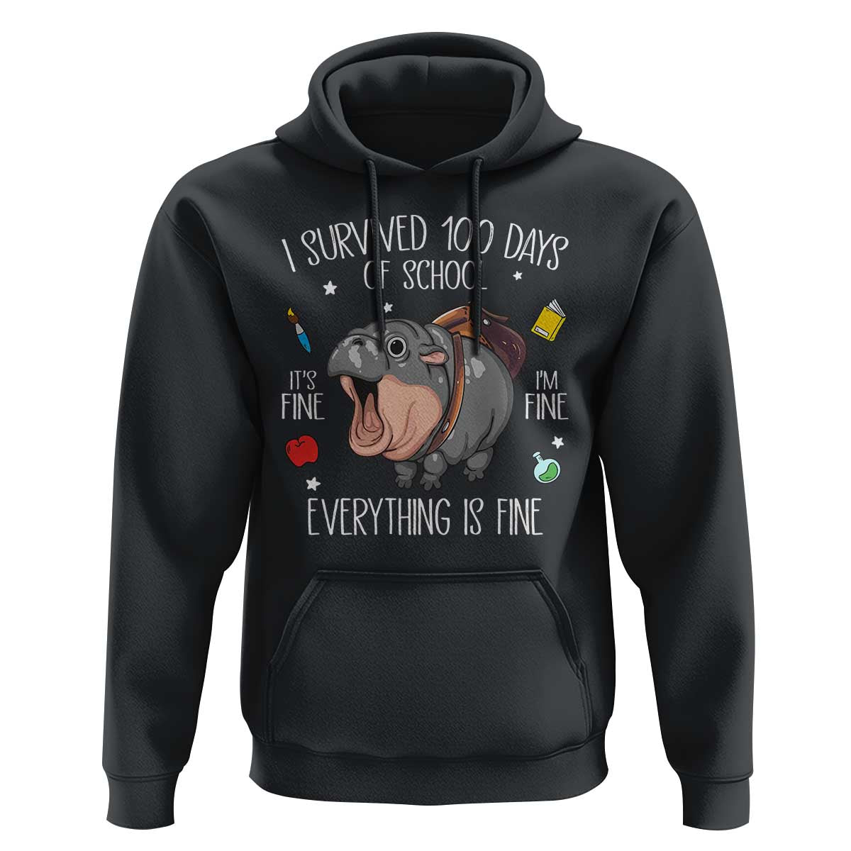 Funny I Survived 100 Days Of School Moo Deng Hoodie It's I'm Fine Everything Is Fine