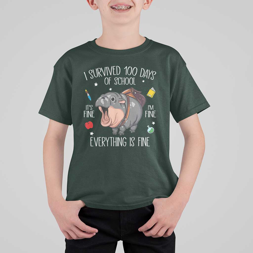 Funny I Survived 100 Days Of School Moo Deng T Shirt For Kid It's I'm Fine Everything Is Fine