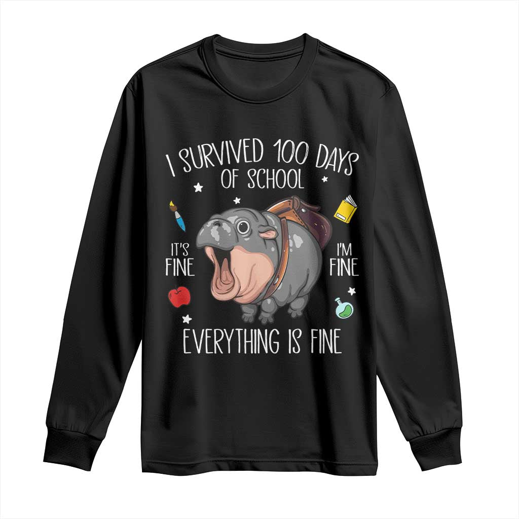 Funny I Survived 100 Days Of School Moo Deng Long Sleeve Shirt It's I'm Fine Everything Is Fine