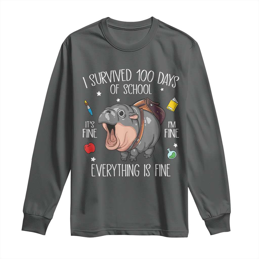 Funny I Survived 100 Days Of School Moo Deng Long Sleeve Shirt It's I'm Fine Everything Is Fine