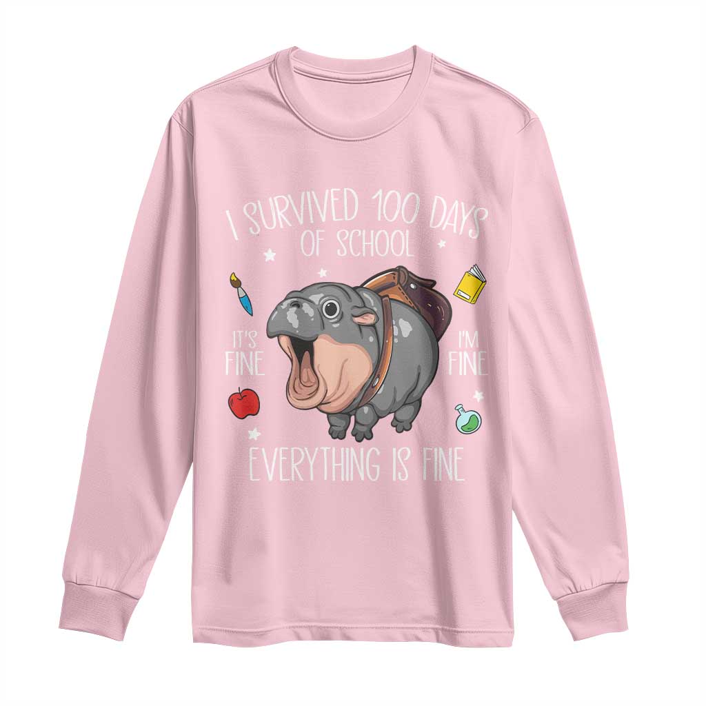 Funny I Survived 100 Days Of School Moo Deng Long Sleeve Shirt It's I'm Fine Everything Is Fine
