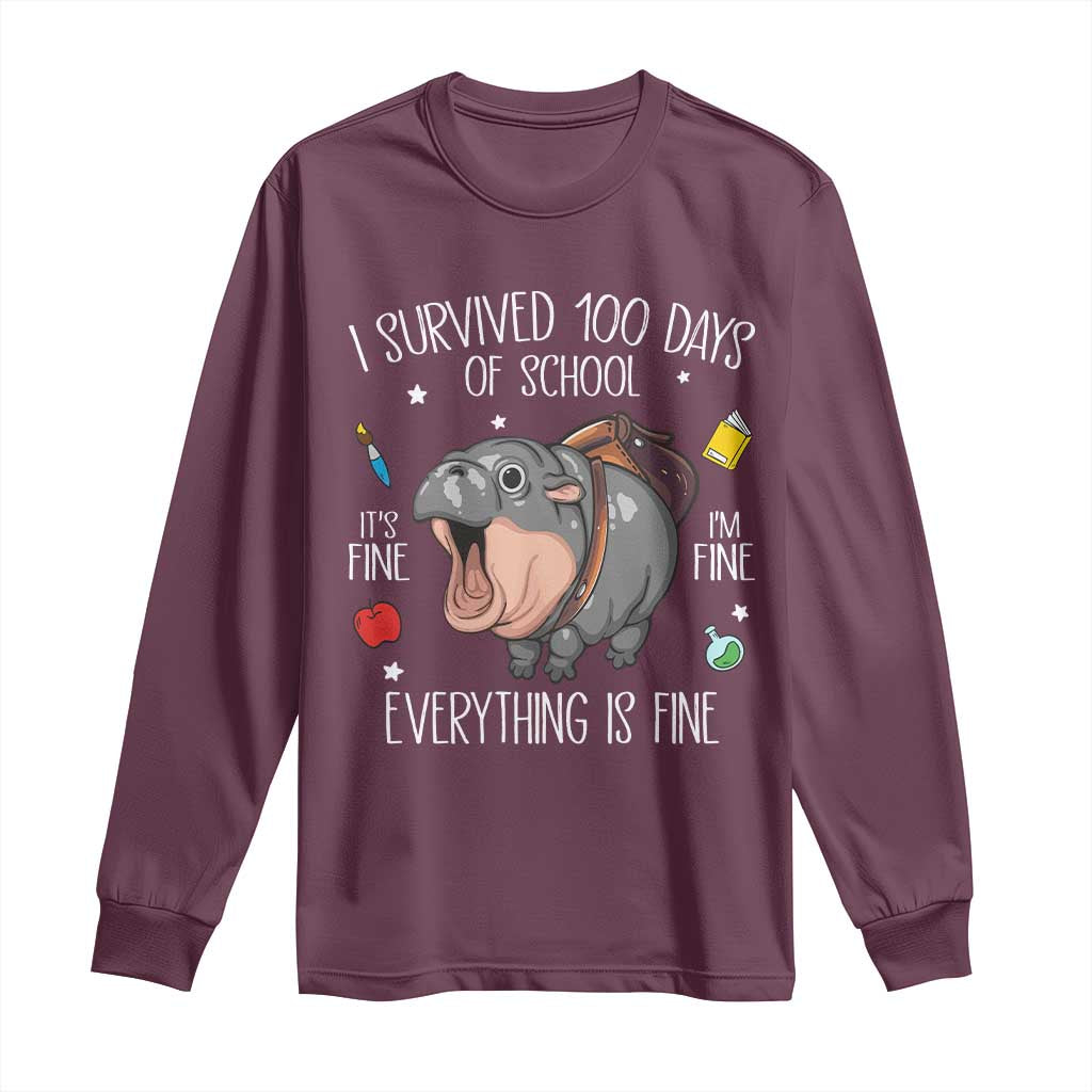 Funny I Survived 100 Days Of School Moo Deng Long Sleeve Shirt It's I'm Fine Everything Is Fine
