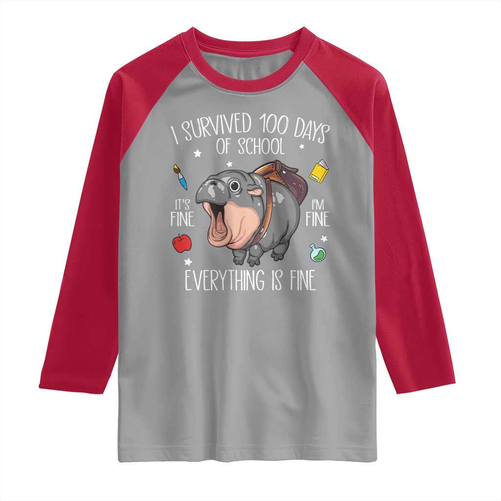 Funny I Survived 100 Days Of School Moo Deng Raglan Shirt It's I'm Fine Everything Is Fine