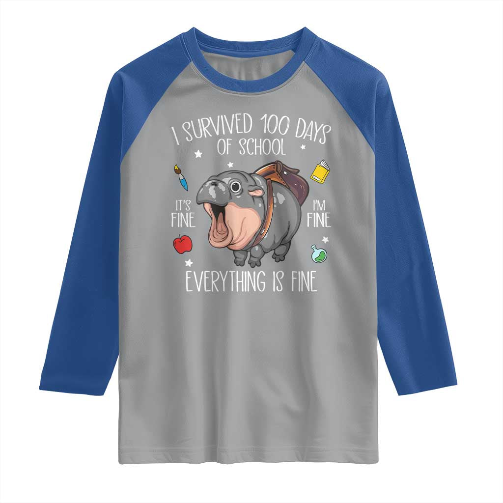 Funny I Survived 100 Days Of School Moo Deng Raglan Shirt It's I'm Fine Everything Is Fine