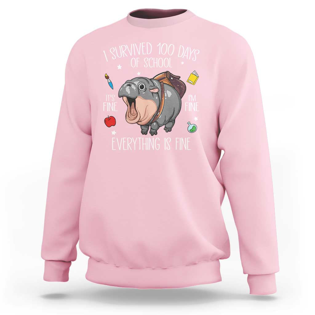 Funny I Survived 100 Days Of School Moo Deng Sweatshirt It's I'm Fine Everything Is Fine