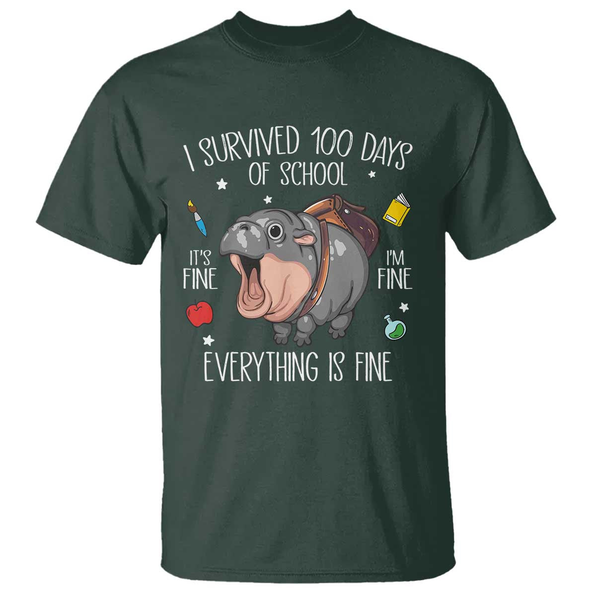 Funny I Survived 100 Days Of School Moo Deng T Shirt It's I'm Fine Everything Is Fine