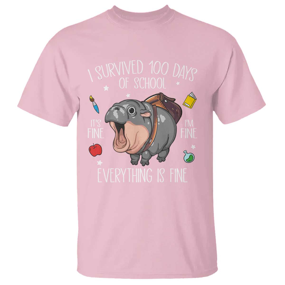 Funny I Survived 100 Days Of School Moo Deng T Shirt It's I'm Fine Everything Is Fine