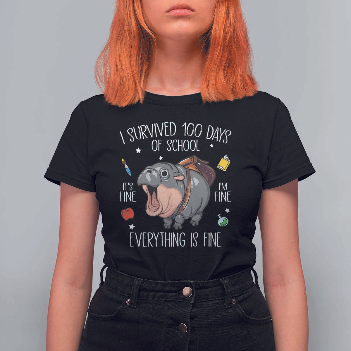 Funny I Survived 100 Days Of School Moo Deng T Shirt For Women It's I'm Fine Everything Is Fine