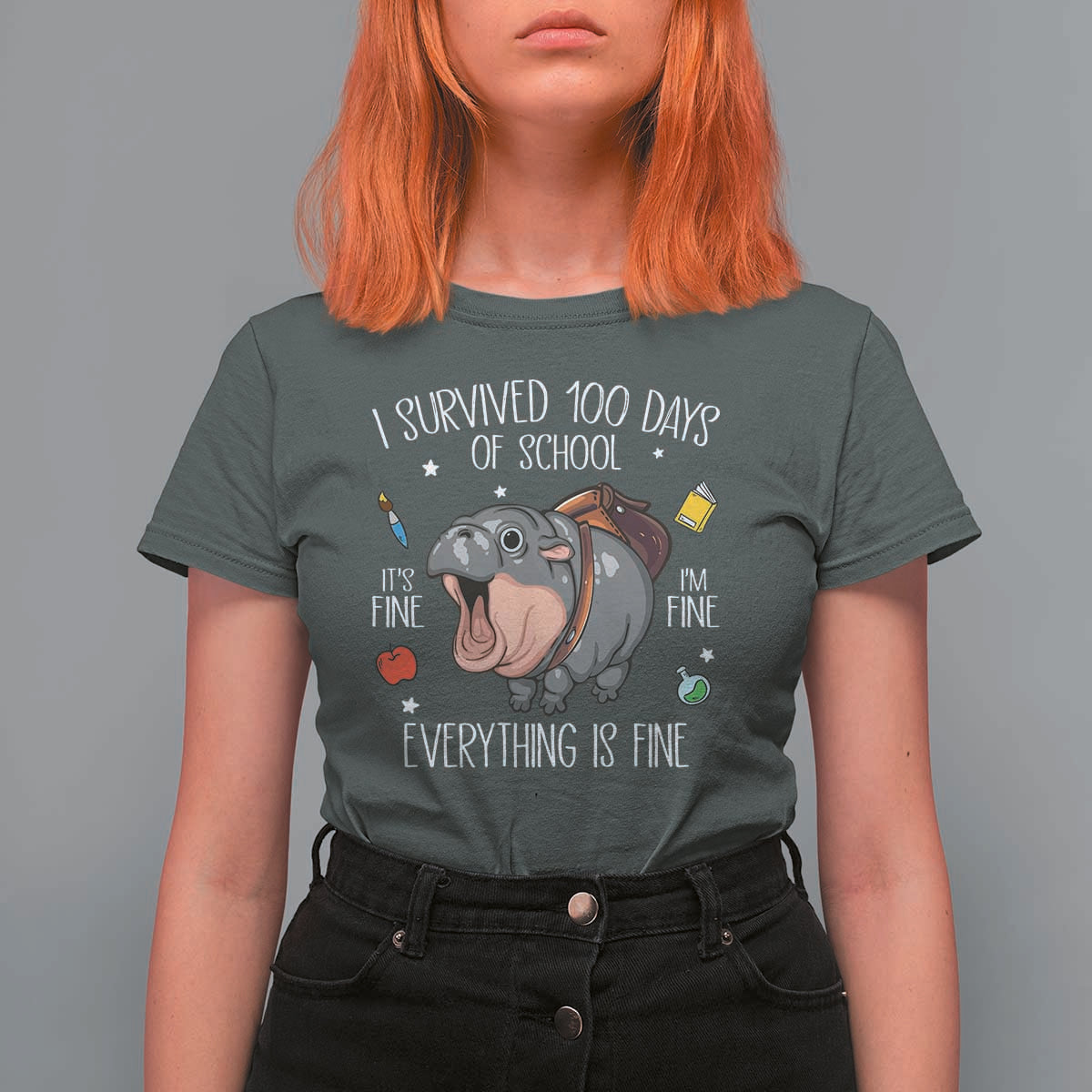 Funny I Survived 100 Days Of School Moo Deng T Shirt For Women It's I'm Fine Everything Is Fine