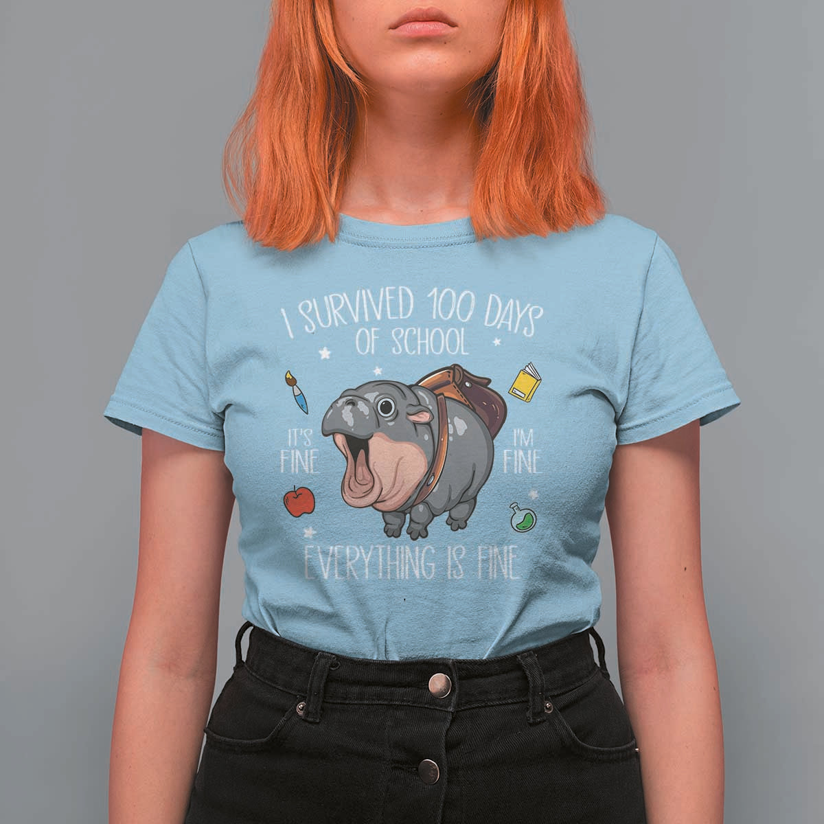 Funny I Survived 100 Days Of School Moo Deng T Shirt For Women It's I'm Fine Everything Is Fine