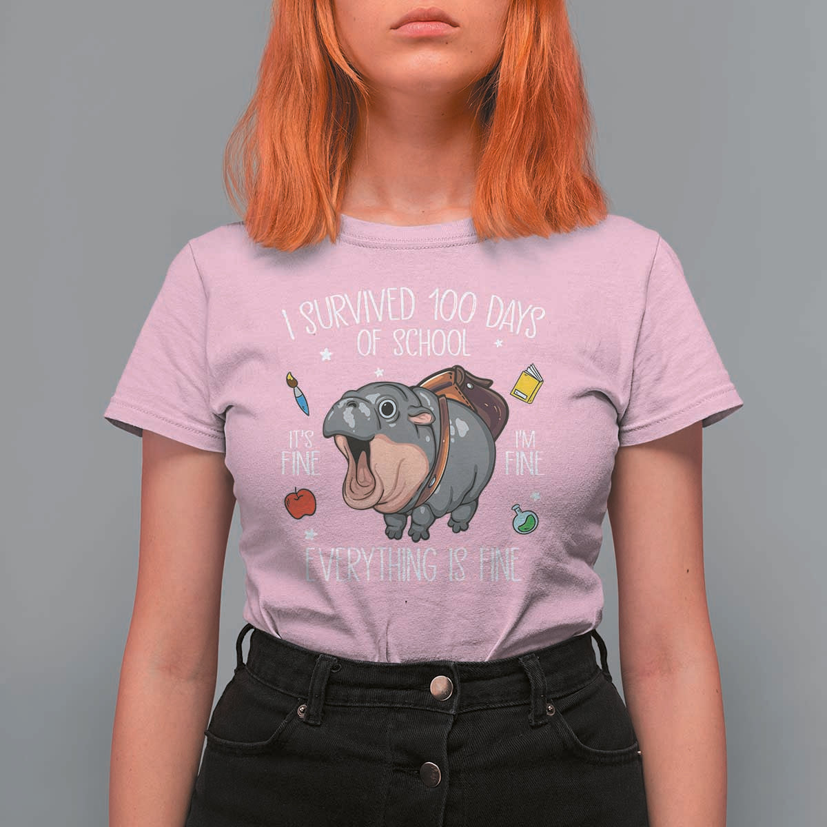 Funny I Survived 100 Days Of School Moo Deng T Shirt For Women It's I'm Fine Everything Is Fine
