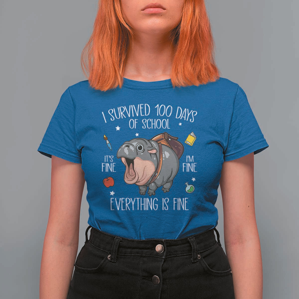 Funny I Survived 100 Days Of School Moo Deng T Shirt For Women It's I'm Fine Everything Is Fine