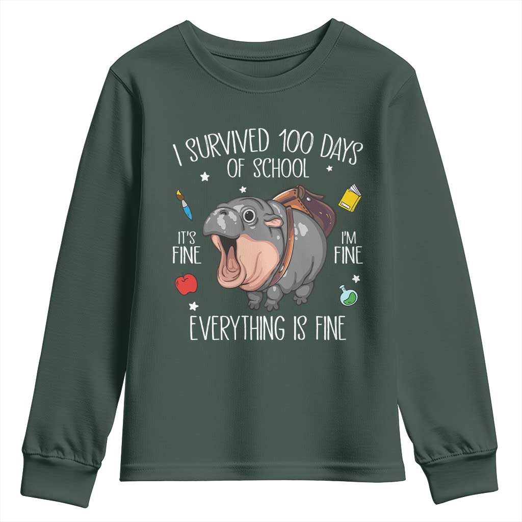 Funny I Survived 100 Days Of School Moo Deng Youth Sweatshirt It's I'm Fine Everything Is Fine