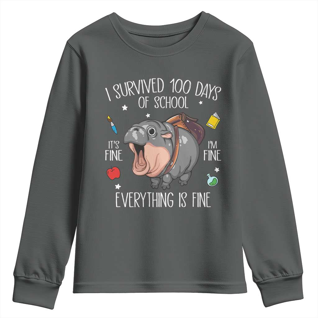 Funny I Survived 100 Days Of School Moo Deng Youth Sweatshirt It's I'm Fine Everything Is Fine