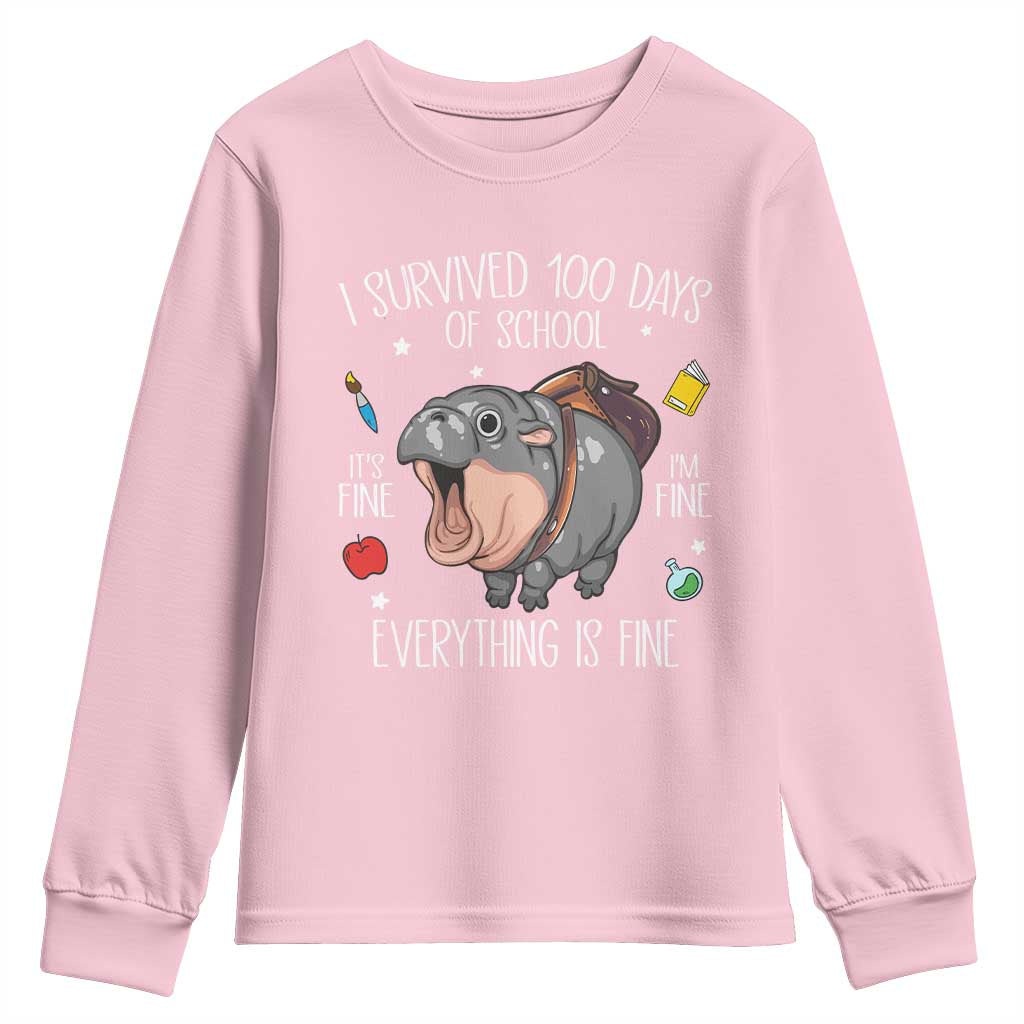 Funny I Survived 100 Days Of School Moo Deng Youth Sweatshirt It's I'm Fine Everything Is Fine