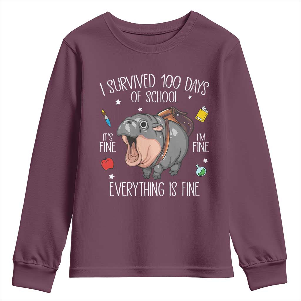 Funny I Survived 100 Days Of School Moo Deng Youth Sweatshirt It's I'm Fine Everything Is Fine
