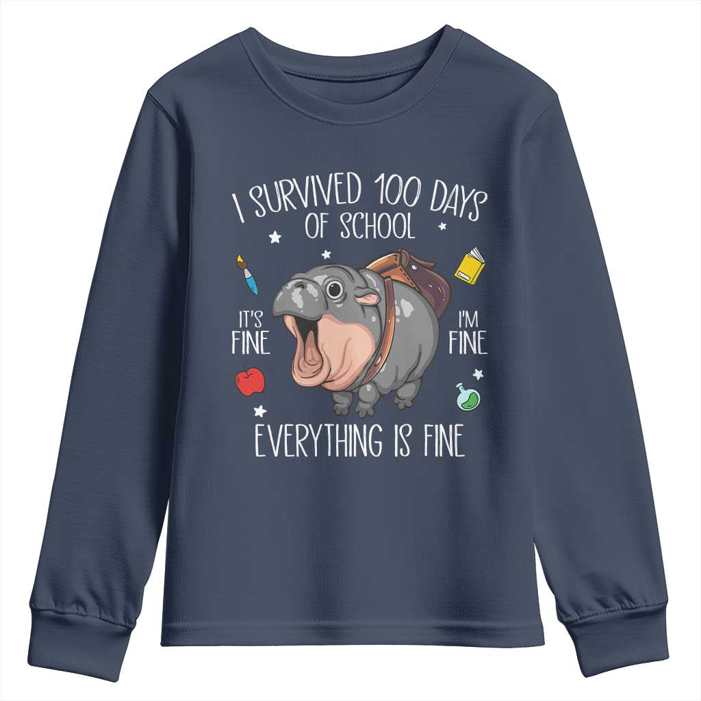 Funny I Survived 100 Days Of School Moo Deng Youth Sweatshirt It's I'm Fine Everything Is Fine