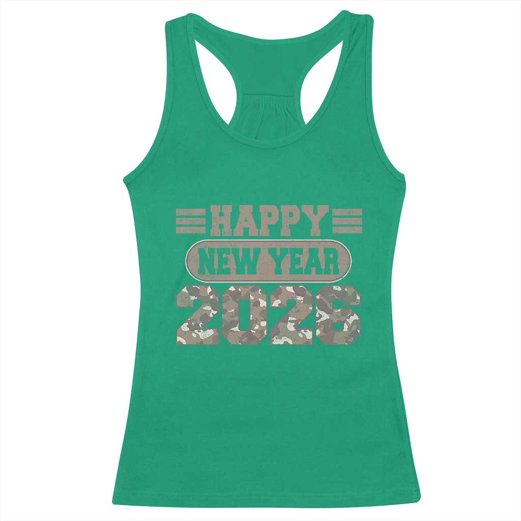 Camo Happy New Year Party 2026 Racerback Tank Top Camouflage NYE Party - Wonder Print Shop