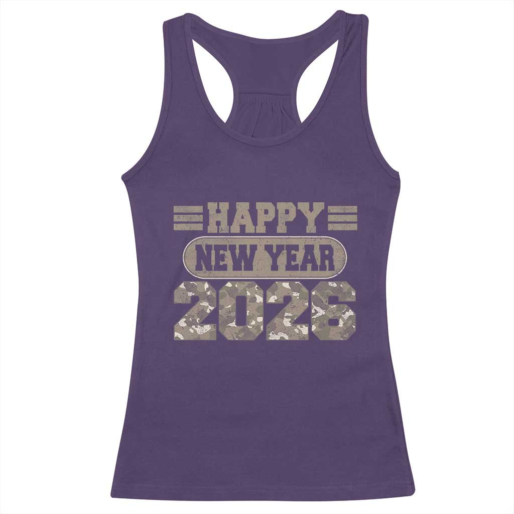 Camo Happy New Year Party 2026 Racerback Tank Top Camouflage NYE Party - Wonder Print Shop