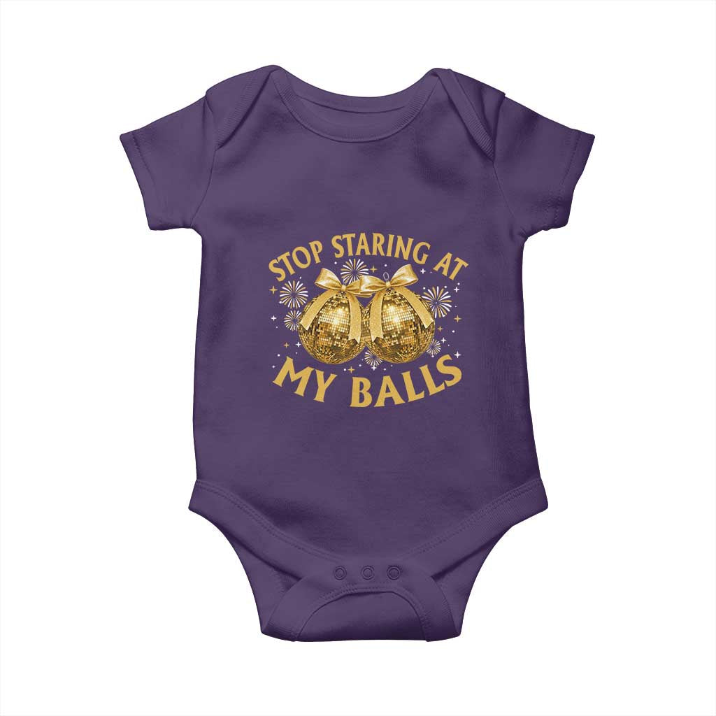 Funny Adult New Years Eve Baby Onesie Stop Staring At My Balls Golden Disco Ball - Wonder Print Shop