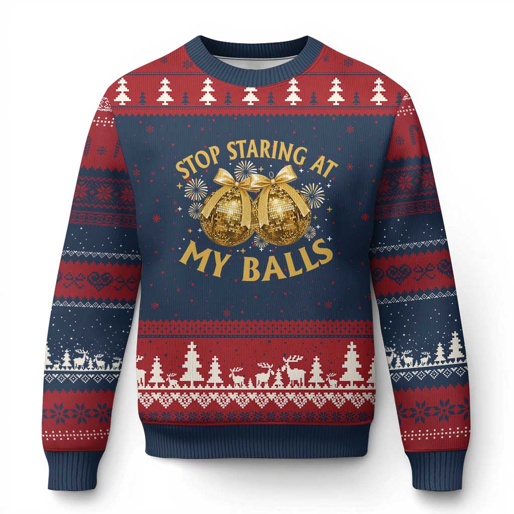 Funny Adult New Years Eve Ugly Christmas Sweater Stop Staring At My Balls Golden Disco Ball - Wonder Print Shop