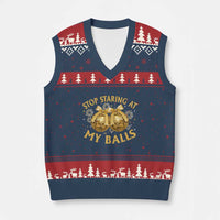 Funny Adult New Years Eve V-Neck Knit Sweater Vest Stop Staring At My Balls Golden Disco Ball - Wonder Print Shop