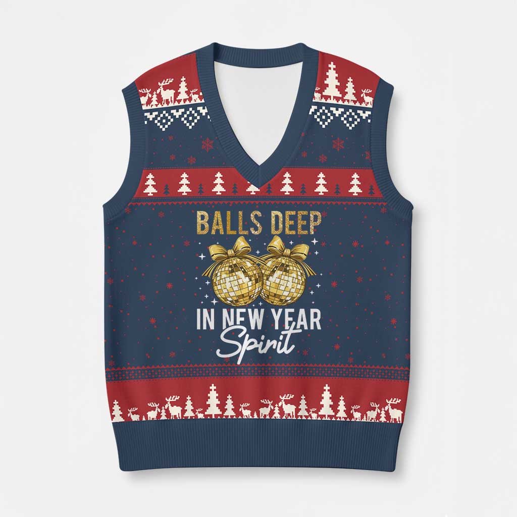 Funny New Year Disco Ball V-Neck Knit Sweater Vest Balls Deep In New Year Spirit - Wonder Print Shop
