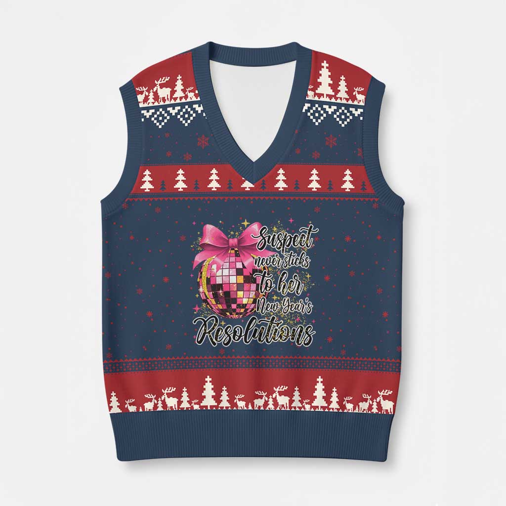 Funny Suspect Never Sticks To Her New Years Resolutions V-Neck Knit Sweater Vest Coquette Disco Ball - Wonder Print Shop