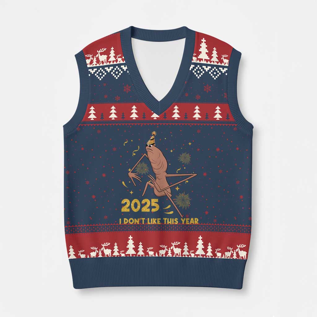 Funny Marcus The Worm New Year V-Neck Knit Sweater Vest 2025 I Dont Like This Year Fireworks NYE Party - Wonder Print Shop