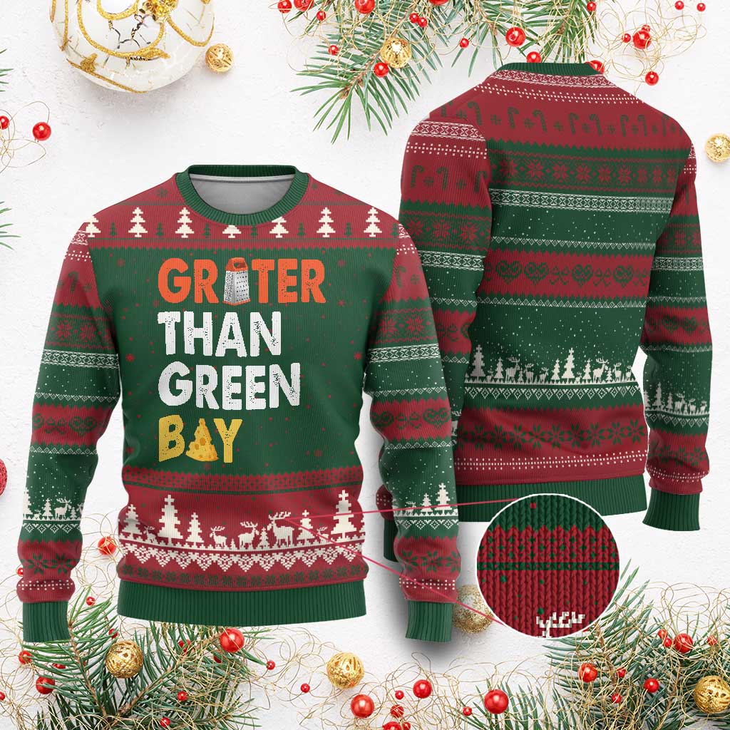 Funny Greater Than Green Bay Cheese Grate Ugly Christmas Sweater