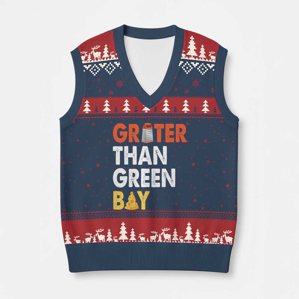 Funny Greater Than Green Bay Cheese Grate V-Neck Knit Sweater Vest