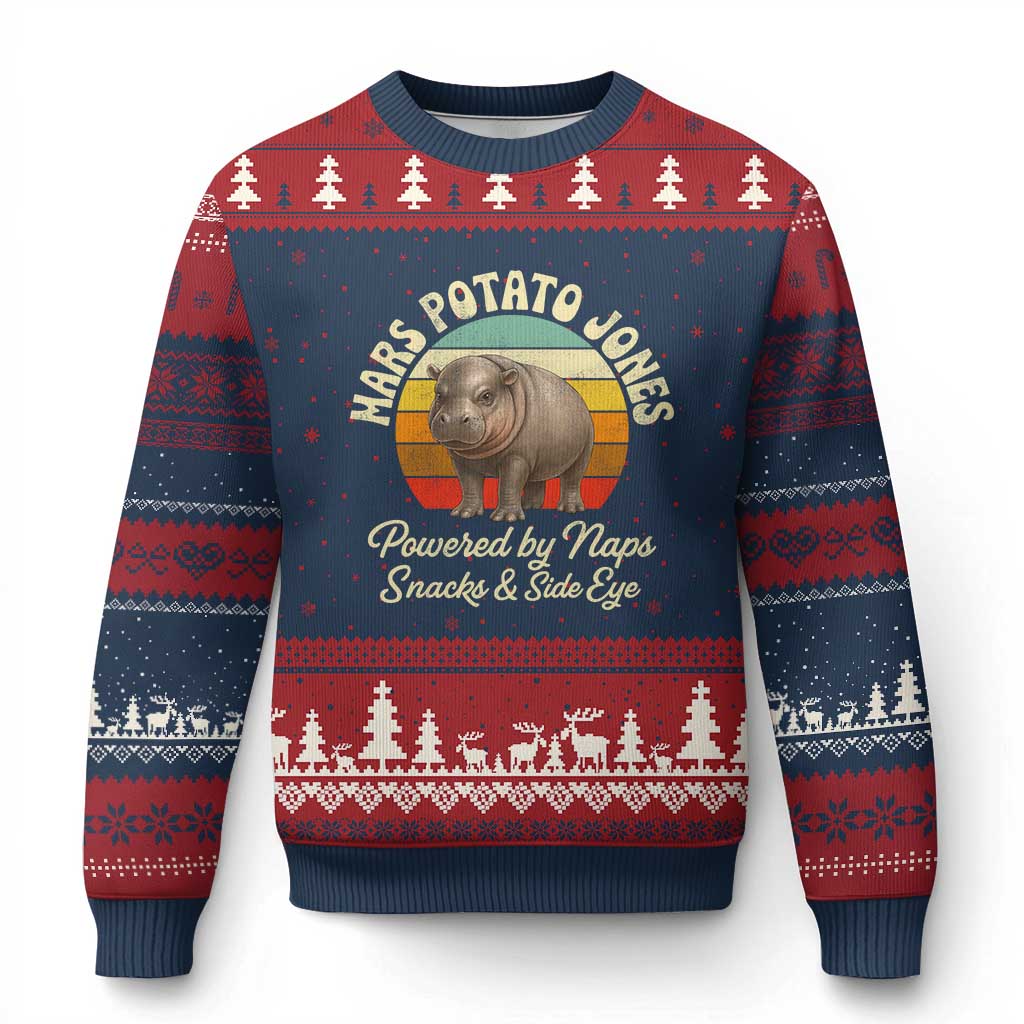 Funny Mars Potato Jones Ugly Christmas Sweater Powered by Naps Snacks Side Eye Pygmy Hippo