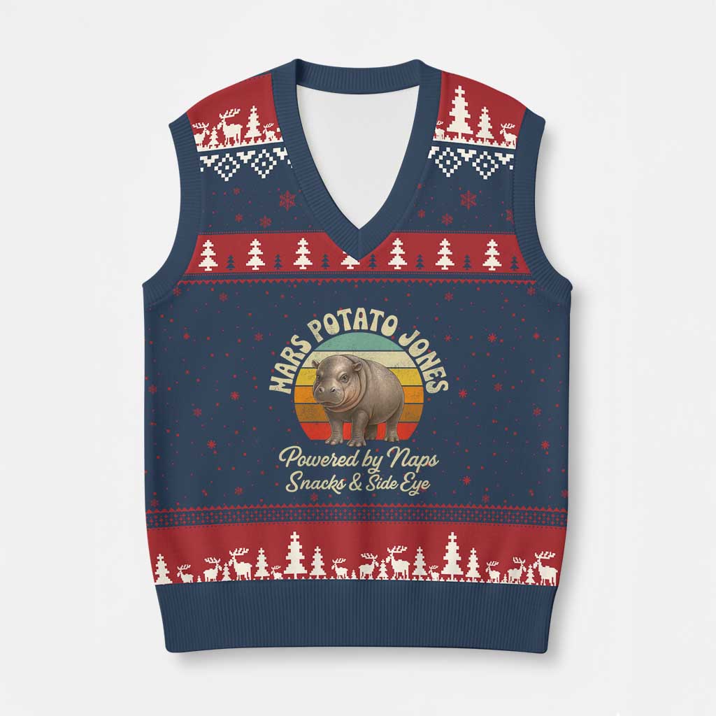 Funny Mars Potato Jones V-Neck Knit Sweater Vest Powered by Naps Snacks Side Eye Pygmy Hippo
