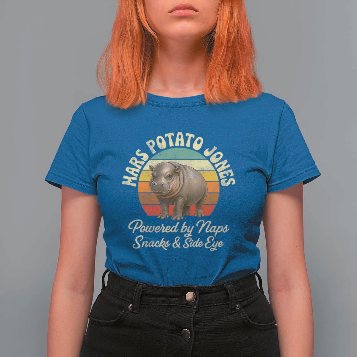 Funny Mars Potato Jones T Shirt For Women Powered by Naps Snacks Side Eye Pygmy Hippo