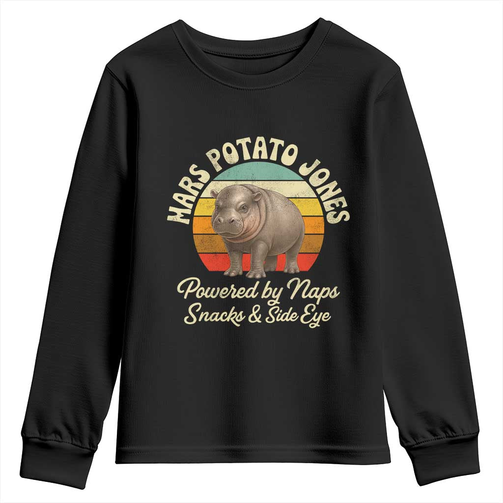 Funny Mars Potato Jones Youth Sweatshirt Powered by Naps Snacks Side Eye Pygmy Hippo