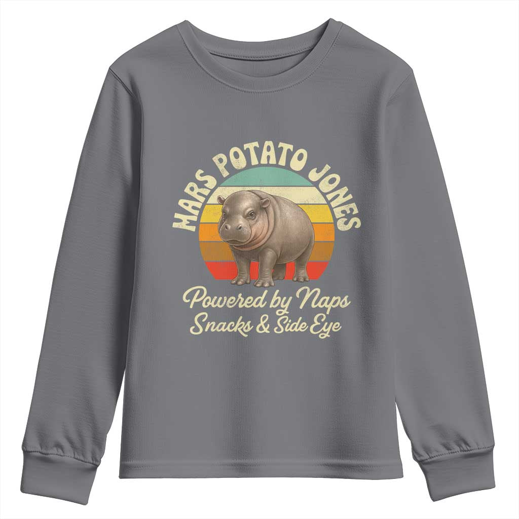 Funny Mars Potato Jones Youth Sweatshirt Powered by Naps Snacks Side Eye Pygmy Hippo