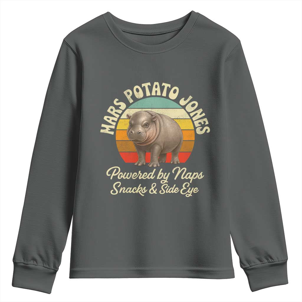 Funny Mars Potato Jones Youth Sweatshirt Powered by Naps Snacks Side Eye Pygmy Hippo