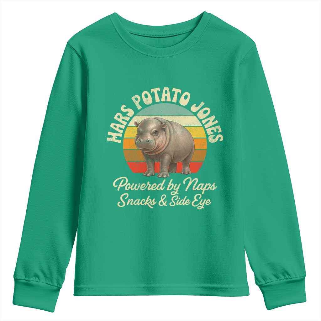 Funny Mars Potato Jones Youth Sweatshirt Powered by Naps Snacks Side Eye Pygmy Hippo