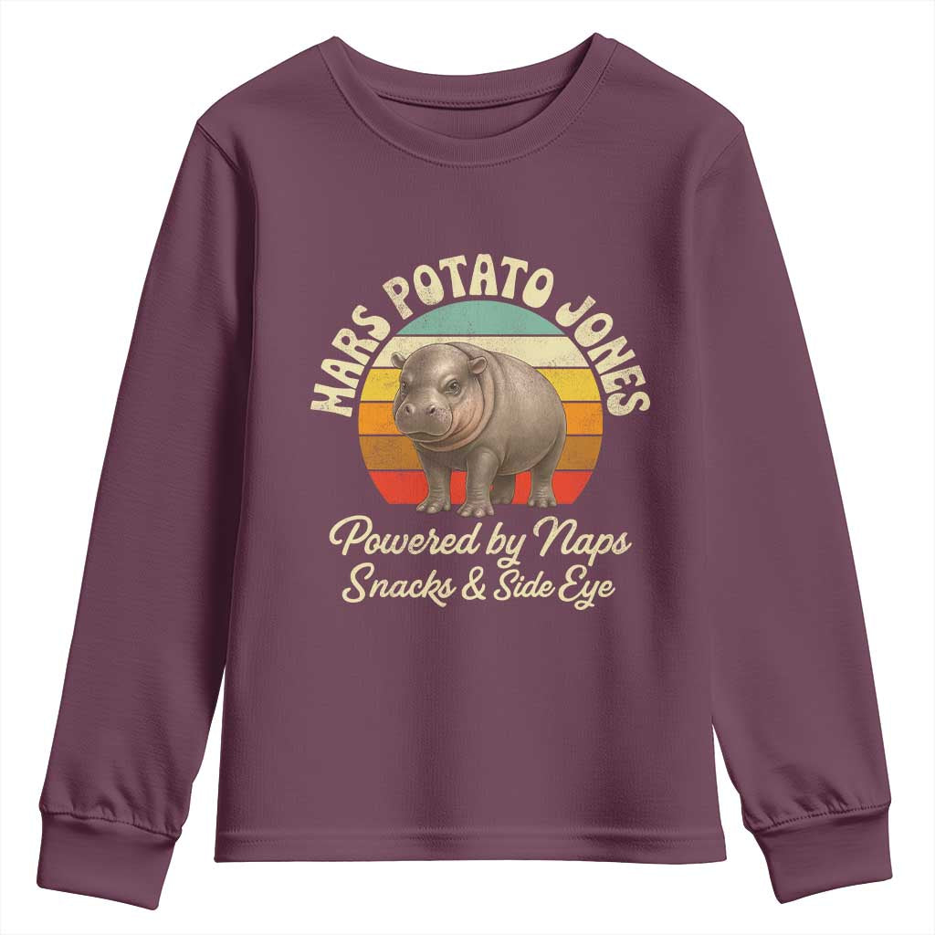 Funny Mars Potato Jones Youth Sweatshirt Powered by Naps Snacks Side Eye Pygmy Hippo