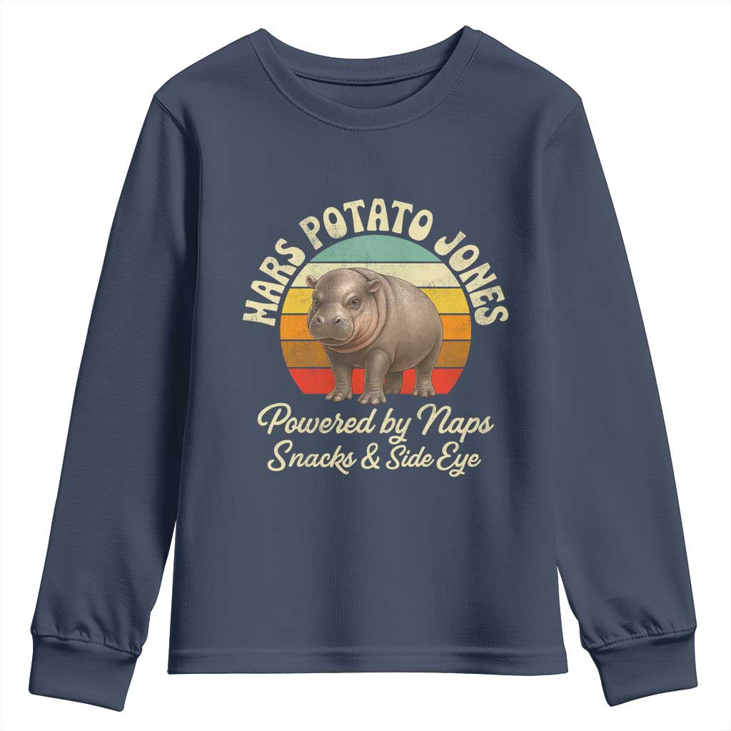 Funny Mars Potato Jones Youth Sweatshirt Powered by Naps Snacks Side Eye Pygmy Hippo