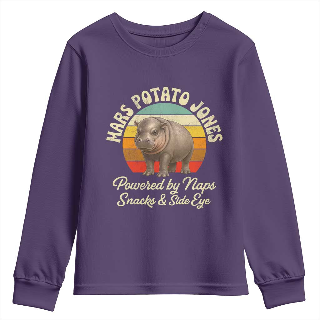 Funny Mars Potato Jones Youth Sweatshirt Powered by Naps Snacks Side Eye Pygmy Hippo