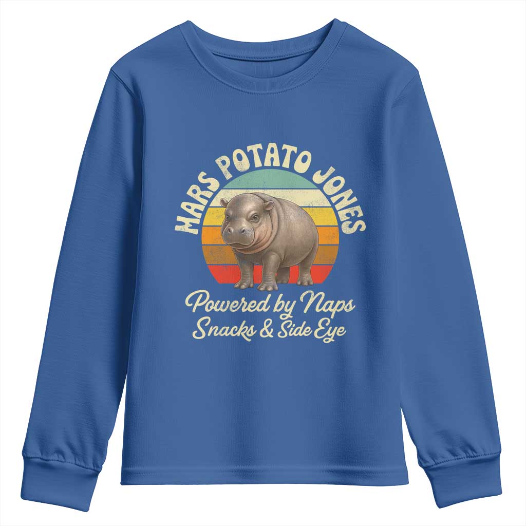 Funny Mars Potato Jones Youth Sweatshirt Powered by Naps Snacks Side Eye Pygmy Hippo