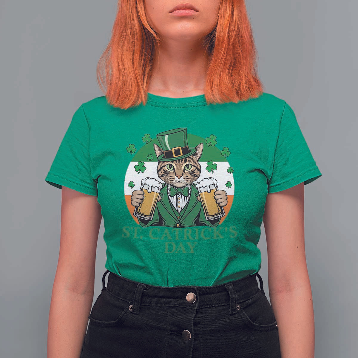 Funny St Catrick's Day Beer T Shirt For Women St Patrick's Day Cat Beer Shamrock