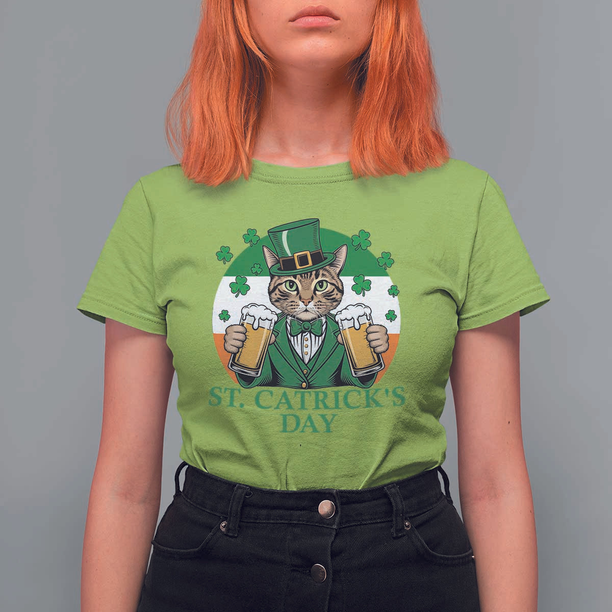 Funny St Catrick's Day Beer T Shirt For Women St Patrick's Day Cat Beer Shamrock
