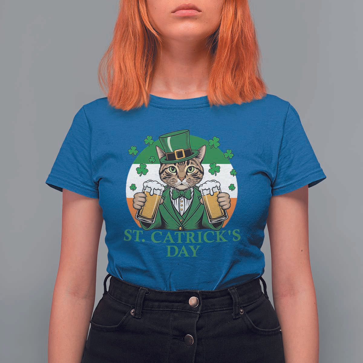 Funny St Catrick's Day Beer T Shirt For Women St Patrick's Day Cat Beer Shamrock