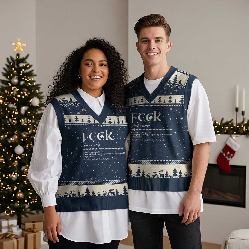 Funny Irish Pride V-Neck Knit Sweater Vest Feck Definition Shamrocks St Patrick's Day - Wonder Print Shop