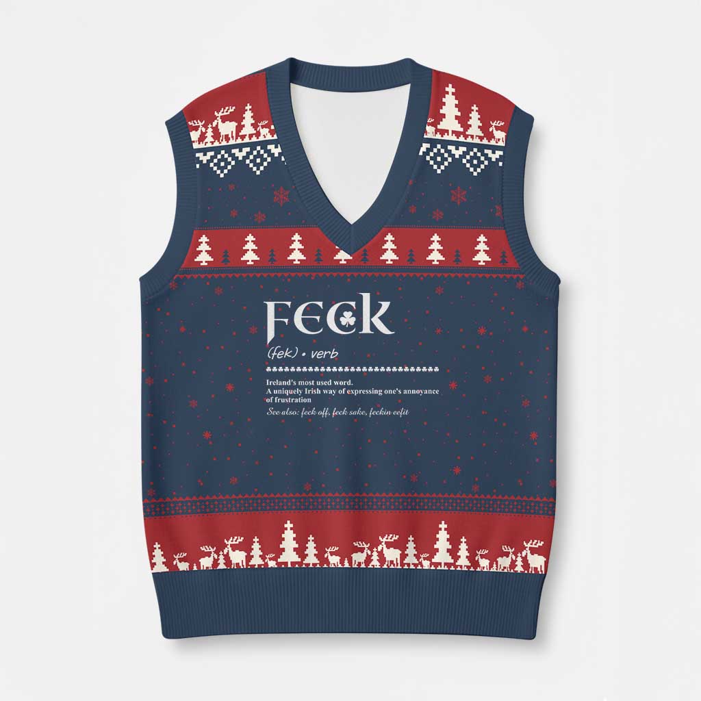 Funny Irish Pride V-Neck Knit Sweater Vest Feck Definition Shamrocks St Patrick's Day - Wonder Print Shop